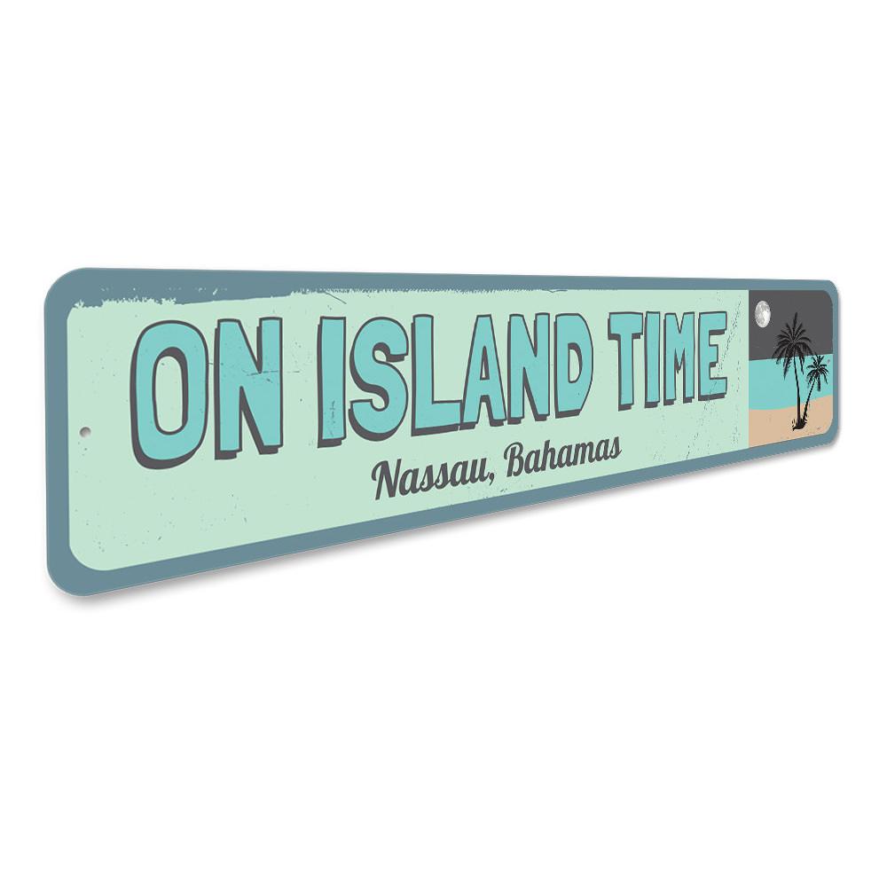 On Island Time Sign made of high-quality aluminum, featuring a decorative design perfect for lakehouses, with pre-drilled holes for easy mounting.