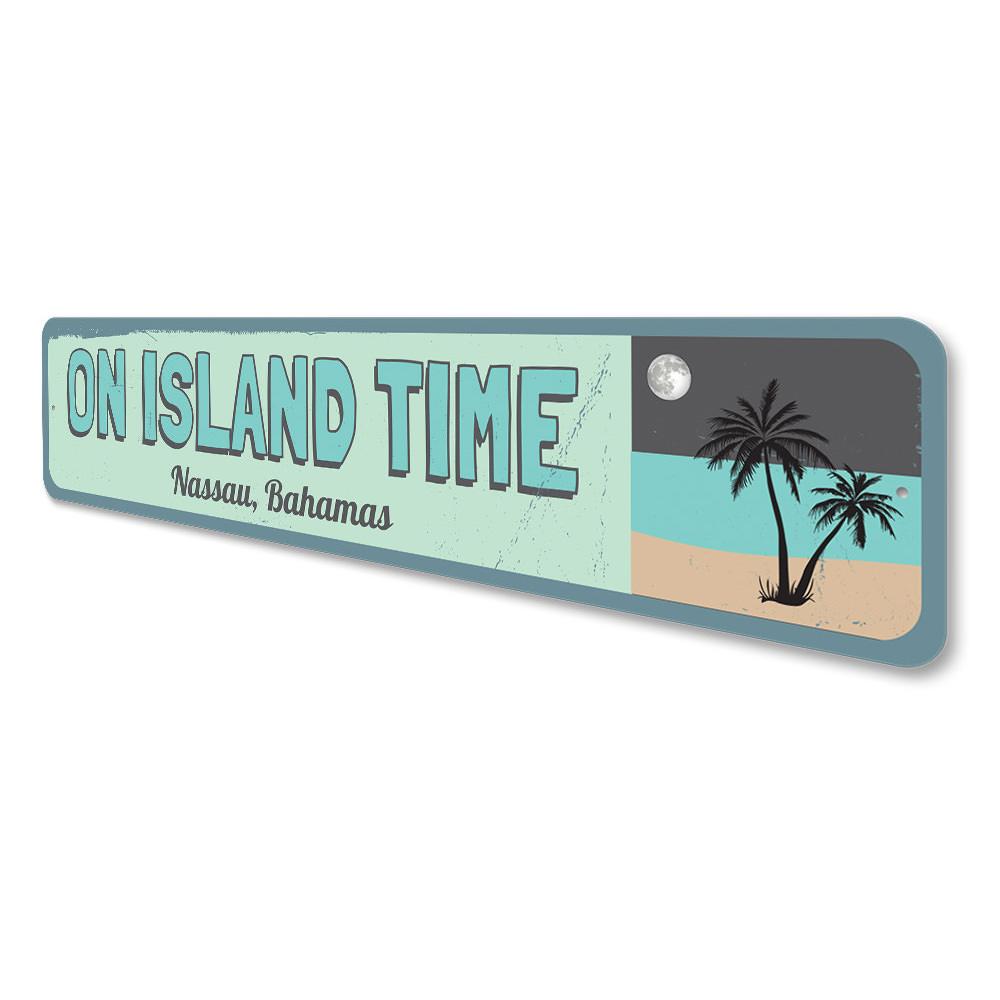 On Island Time Sign made of high-quality aluminum, featuring a decorative design perfect for lakehouses, with pre-drilled holes for easy mounting.