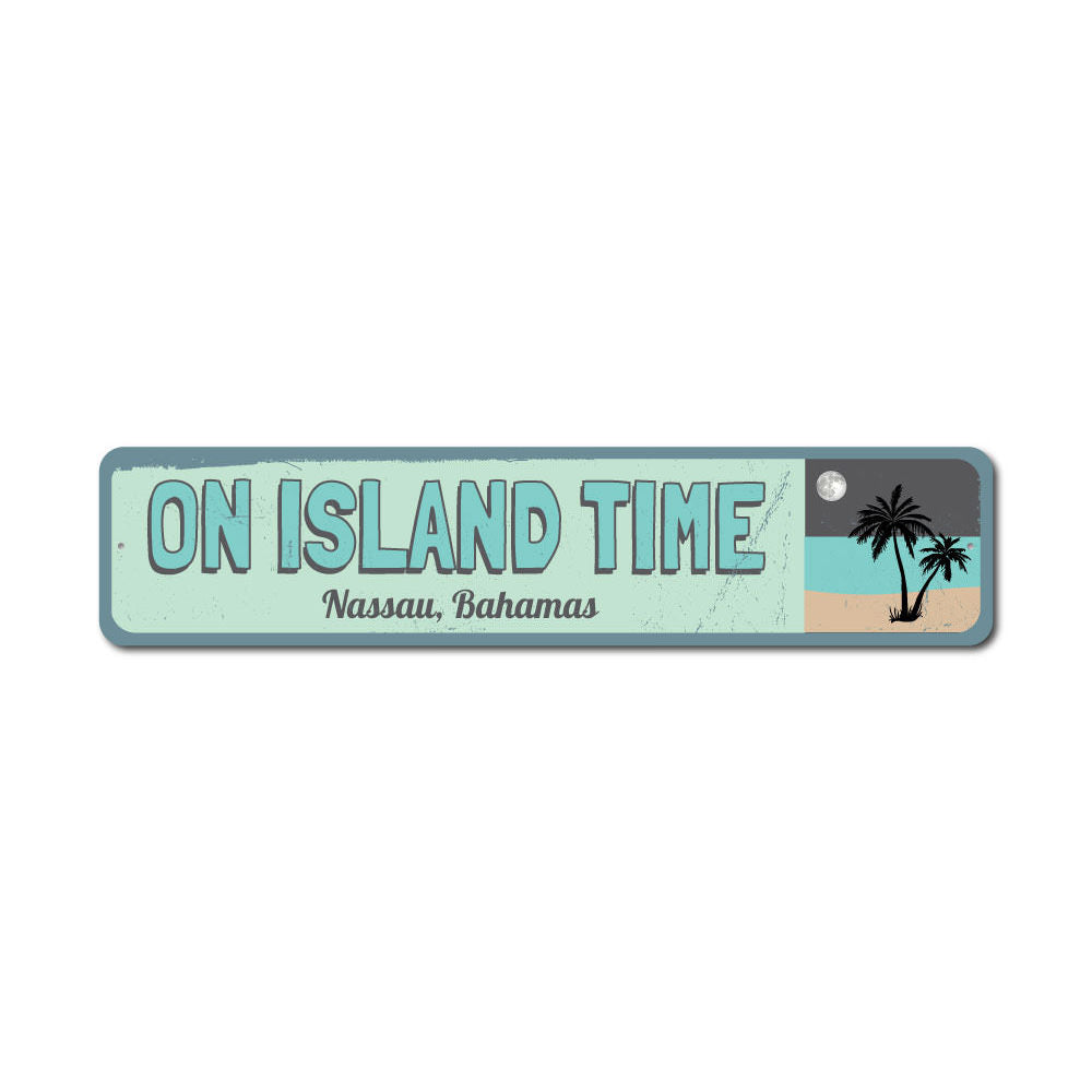 On Island Time Sign made of high-quality aluminum, featuring a decorative design perfect for lakehouses, with pre-drilled holes for easy mounting.