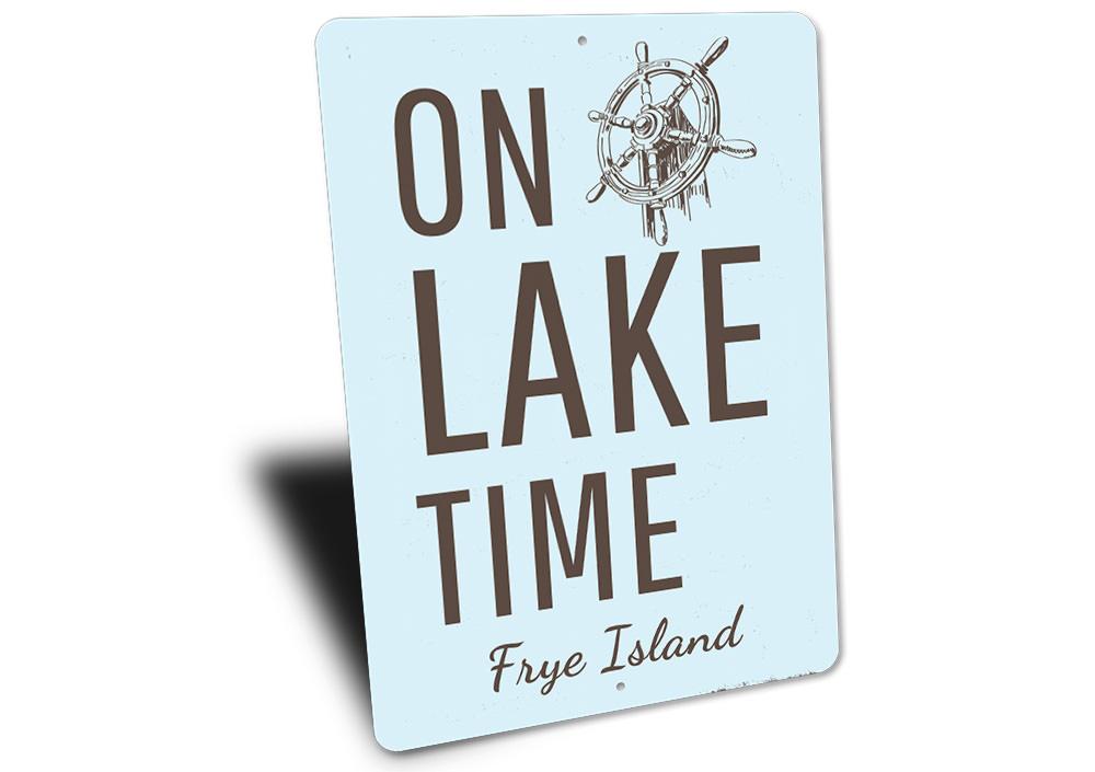 On Lake Time Wheel Sign made of durable aluminum, featuring a rustic design perfect for lakehouses.