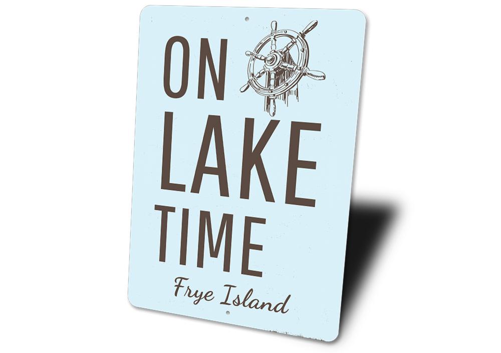 On Lake Time Wheel Sign made of durable aluminum, featuring a rustic design perfect for lakehouses.