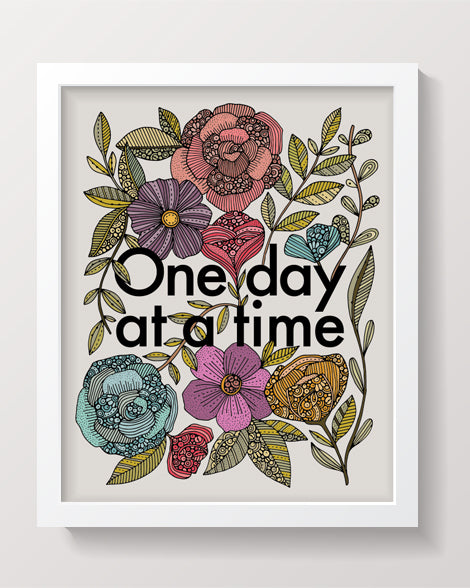 Archival art print titled 'One Day at a Time', featuring intricate pen and ink artwork with vibrant digital colors on matte cardstock.