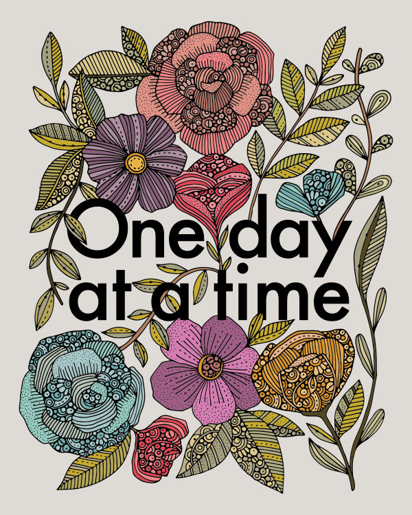 Archival art print titled 'One Day at a Time', featuring intricate pen and ink artwork with vibrant digital colors on matte cardstock.