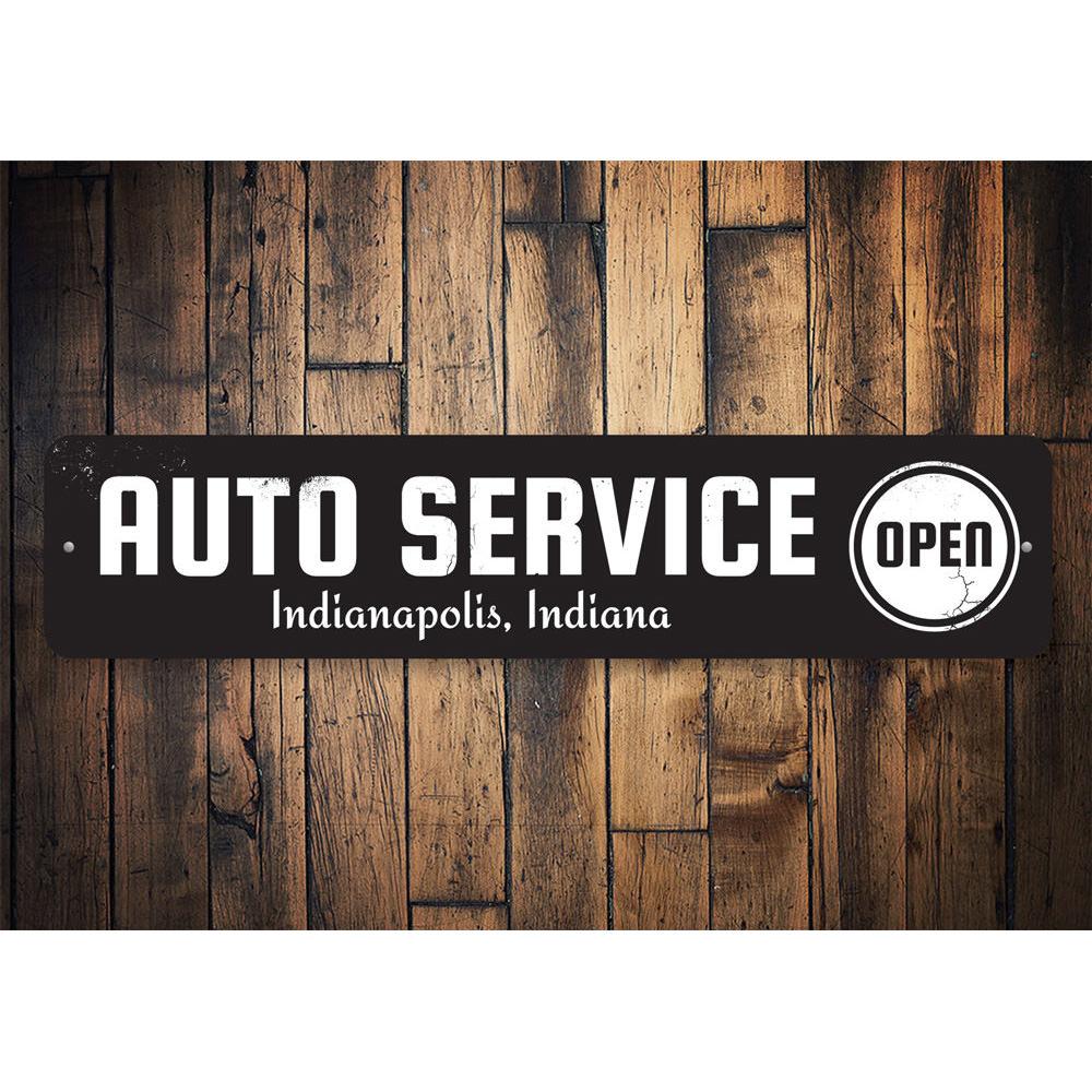 Open Auto Service Sign made of high-quality aluminum, featuring customizable text and pre-drilled holes for easy mounting.