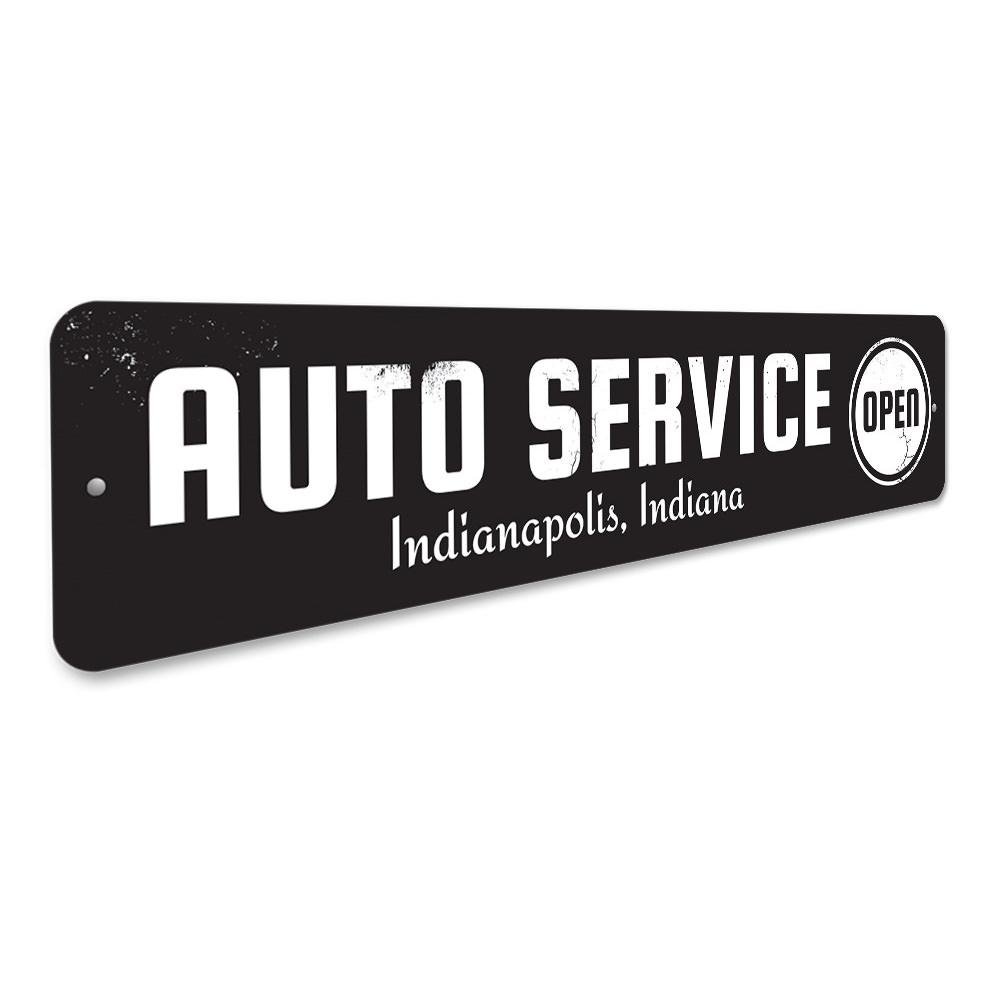 Open Auto Service Sign made of high-quality aluminum, featuring customizable text and pre-drilled holes for easy mounting.