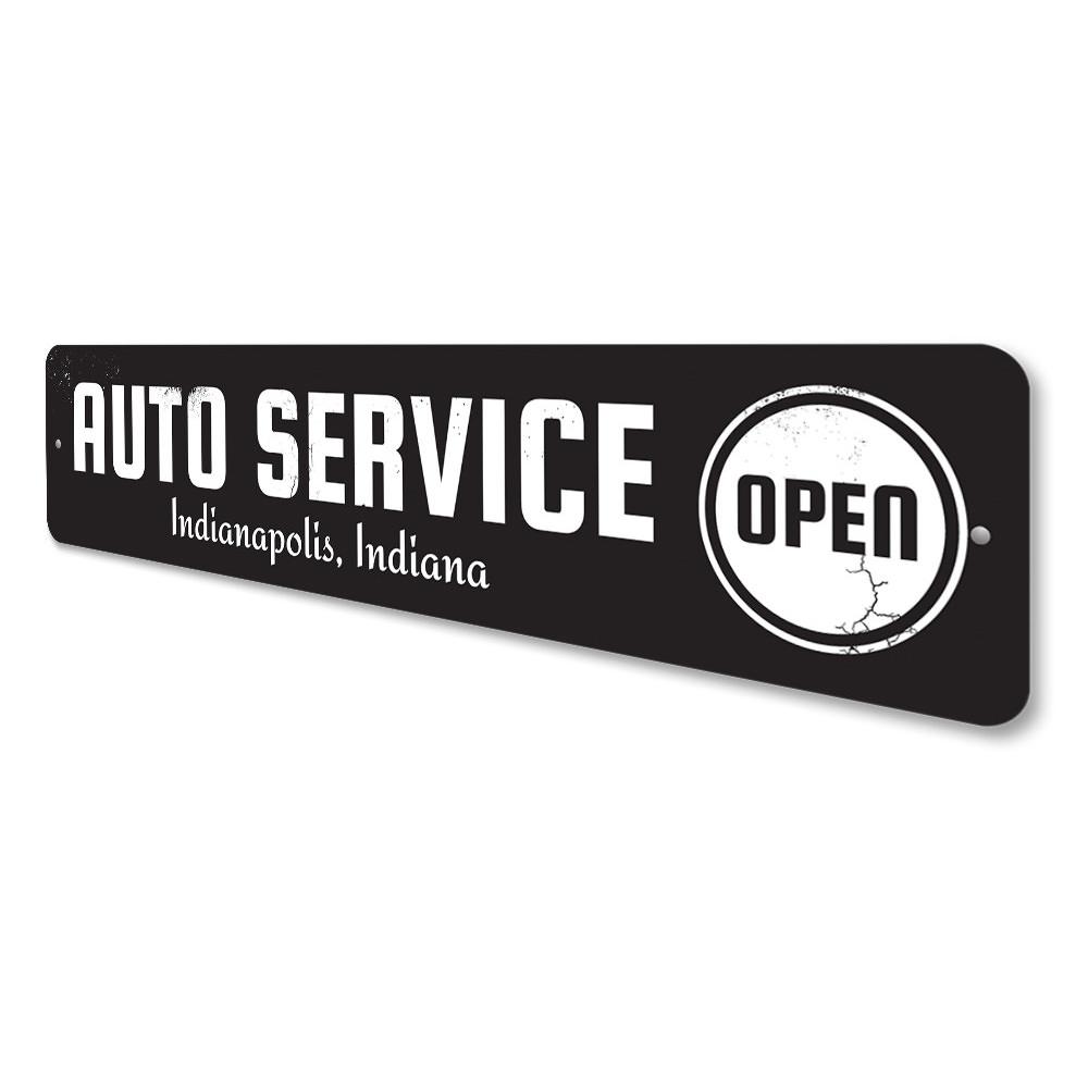 Open Auto Service Sign made of high-quality aluminum, featuring customizable text and pre-drilled holes for easy mounting.