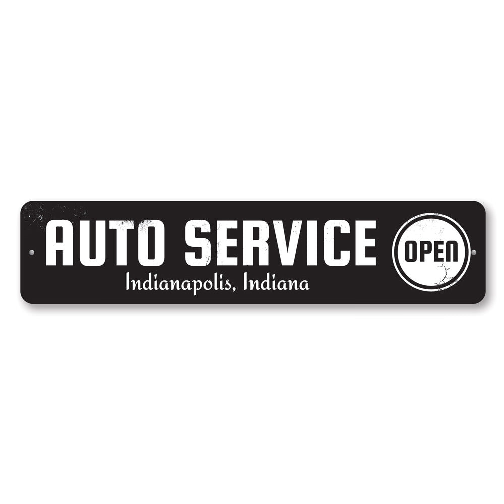 Open Auto Service Sign made of high-quality aluminum, featuring customizable text and pre-drilled holes for easy mounting.