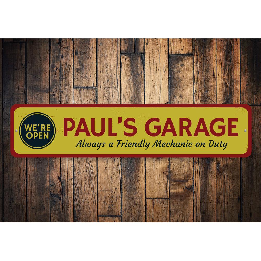 Customizable Open Garage Sign made from durable aluminum, featuring pre-drilled holes for easy mounting.