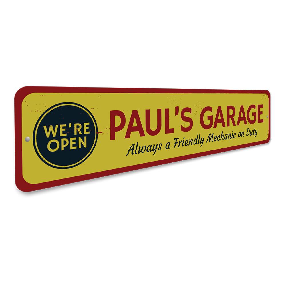 Customizable Open Garage Sign made from durable aluminum, featuring pre-drilled holes for easy mounting.