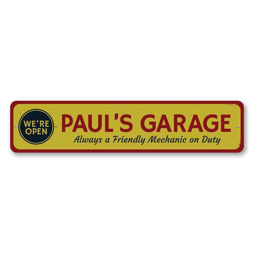 Customizable Open Garage Sign made from durable aluminum, featuring pre-drilled holes for easy mounting.