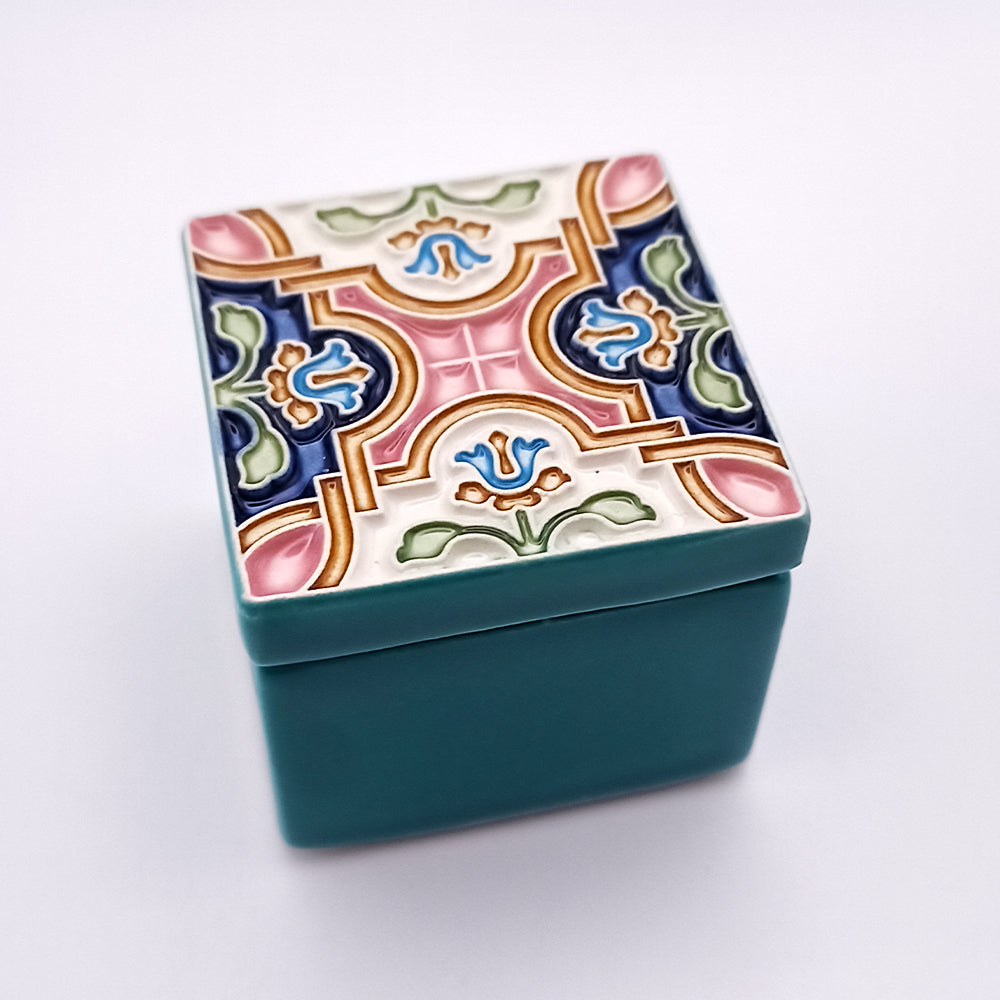 Oporto Ceramic Box featuring intricate artistic designs and vibrant colors, perfect for home decor.