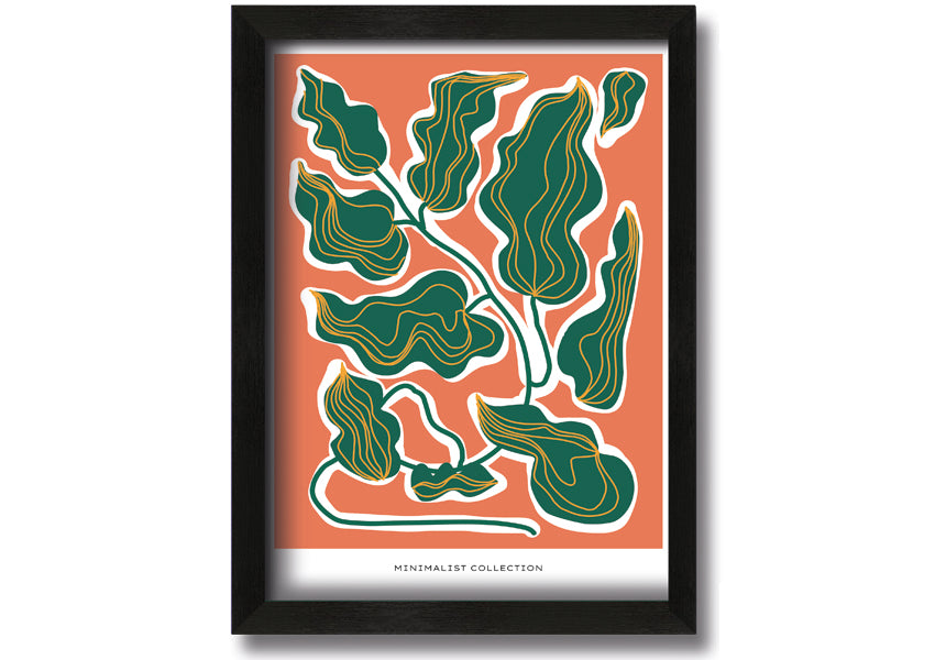 Framed print of orange and green leaves, showcasing vibrant colors and intricate details, ready to hang.