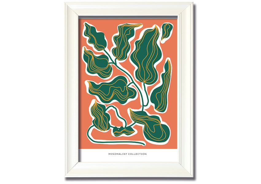 Framed print of orange and green leaves, showcasing vibrant colors and intricate details, ready to hang.