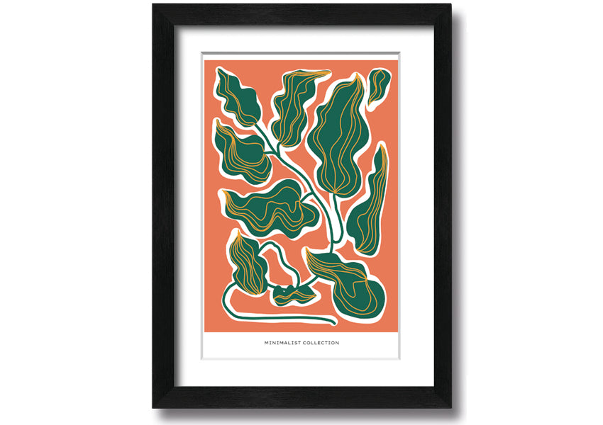 Framed print of orange and green leaves, showcasing vibrant colors and intricate details, ready to hang.