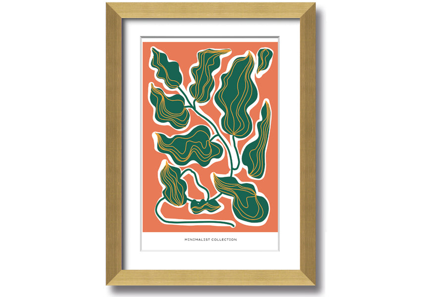 Framed print of orange and green leaves, showcasing vibrant colors and intricate details, ready to hang.