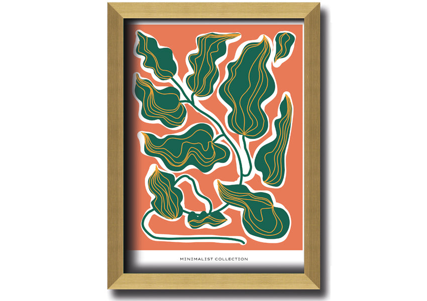 Framed print of orange and green leaves, showcasing vibrant colors and intricate details, ready to hang.