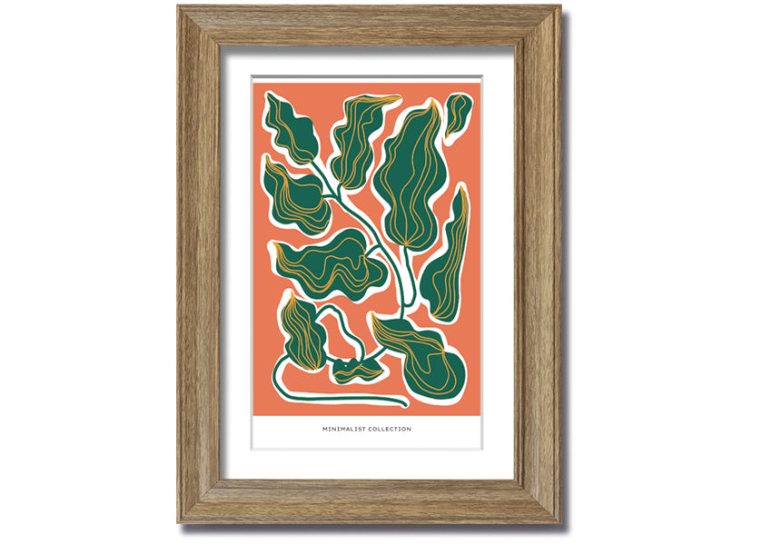 Framed print of orange and green leaves, showcasing vibrant colors and intricate details, ready to hang.