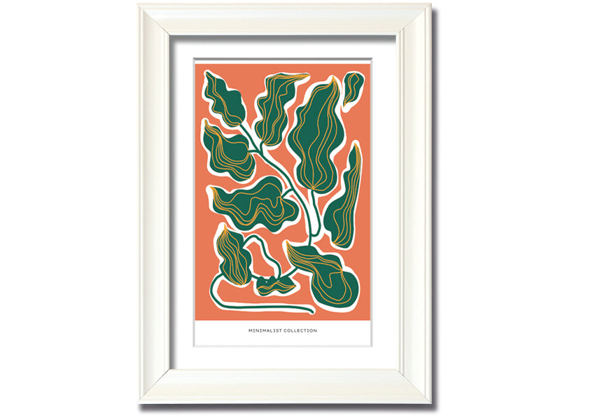 Framed print of orange and green leaves, showcasing vibrant colors and intricate details, ready to hang.