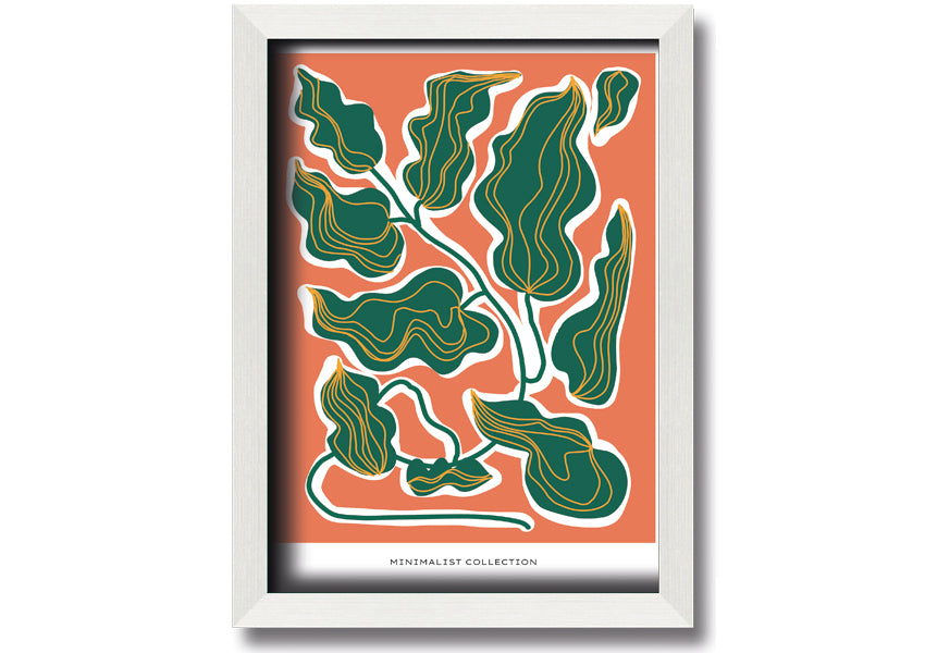 Framed print of orange and green leaves, showcasing vibrant colors and intricate details, ready to hang.