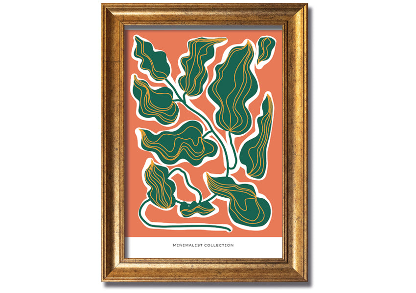 Framed print of orange and green leaves, showcasing vibrant colors and intricate details, ready to hang.