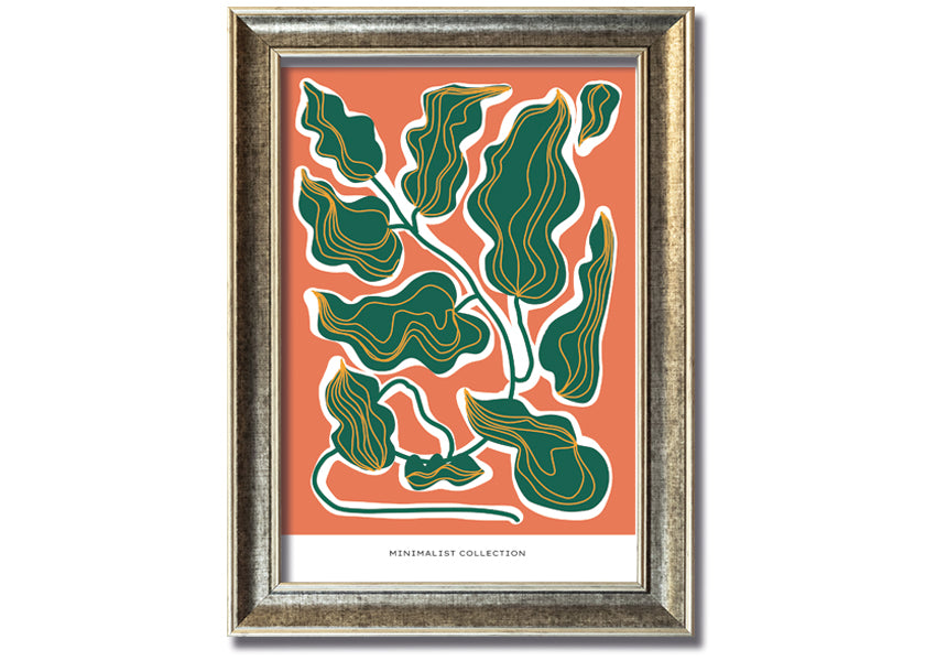 Framed print of orange and green leaves, showcasing vibrant colors and intricate details, ready to hang.