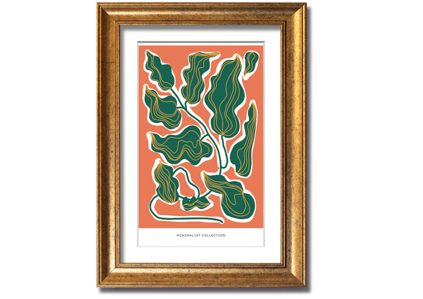 Framed print of orange and green leaves, showcasing vibrant colors and intricate details, ready to hang.