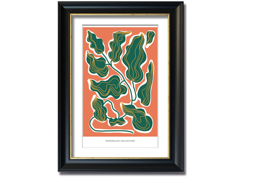 Framed print of orange and green leaves, showcasing vibrant colors and intricate details, ready to hang.