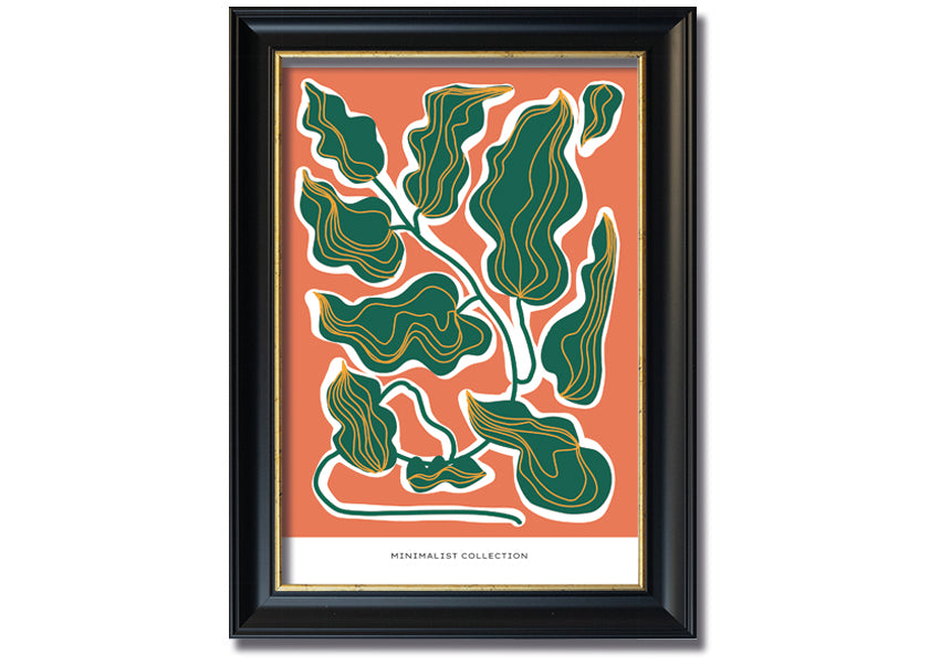 Framed print of orange and green leaves, showcasing vibrant colors and intricate details, ready to hang.