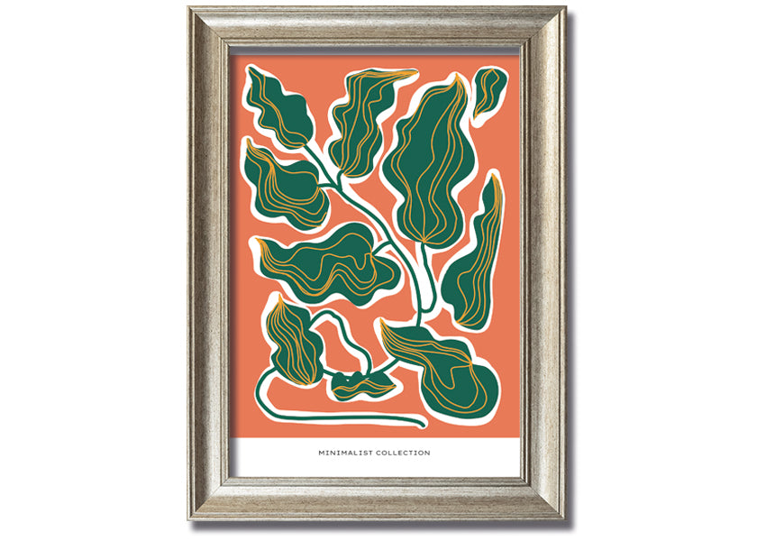 Framed print of orange and green leaves, showcasing vibrant colors and intricate details, ready to hang.