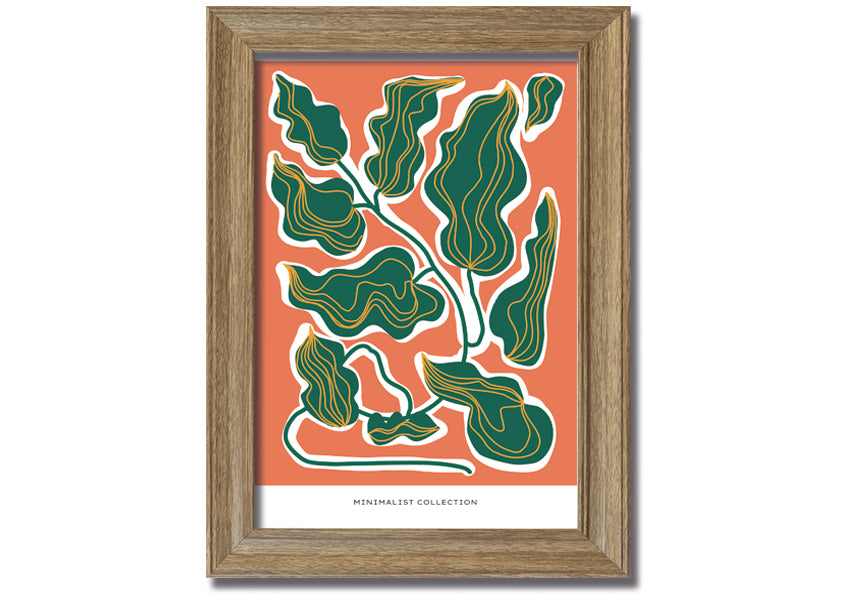 Framed print of orange and green leaves, showcasing vibrant colors and intricate details, ready to hang.