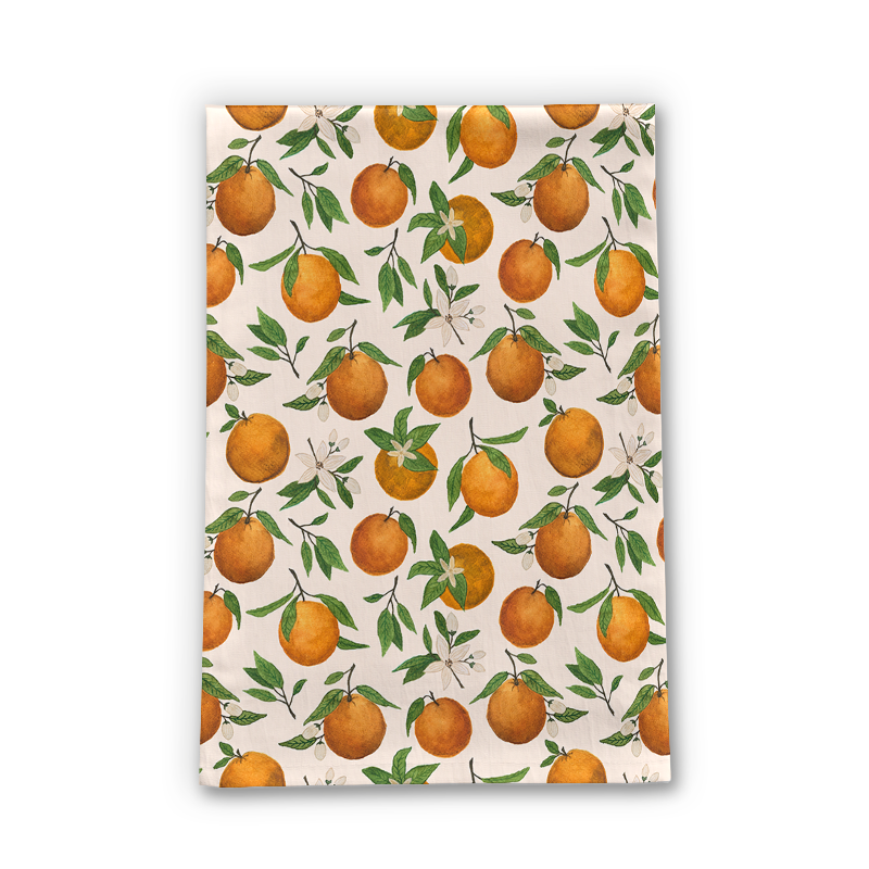 Orange Blossom Tea Towel made of cotton twill, featuring a vibrant floral design, perfect for kitchen use and decoration.