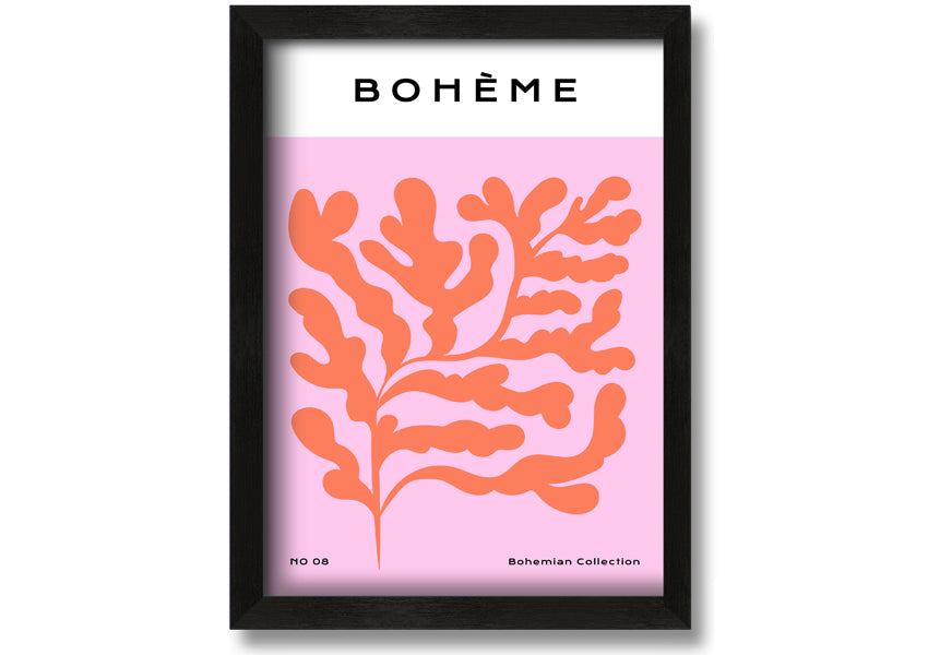 A vibrant framed print of orange bohemian leaves, showcasing intricate details and colors, ready to hang on a wall.