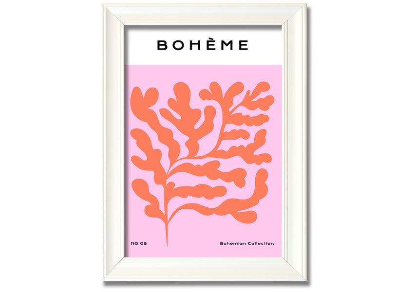 A vibrant framed print of orange bohemian leaves, showcasing intricate details and colors, ready to hang on a wall.