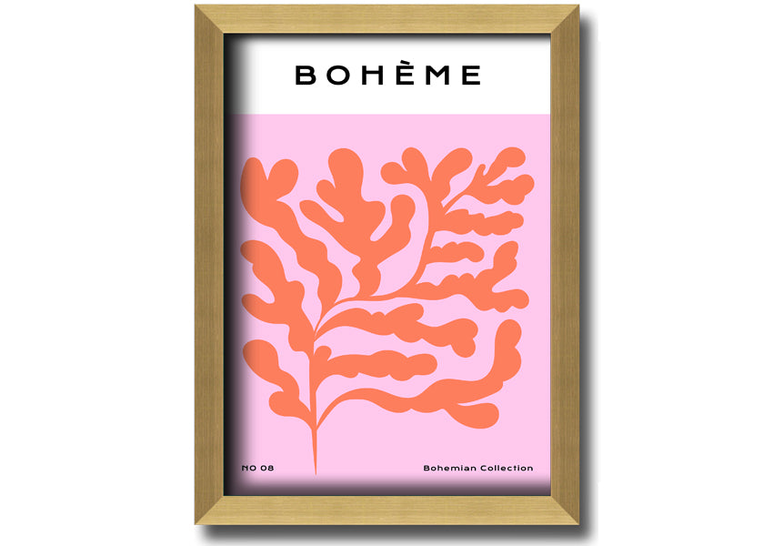 A vibrant framed print of orange bohemian leaves, showcasing intricate details and colors, ready to hang on a wall.