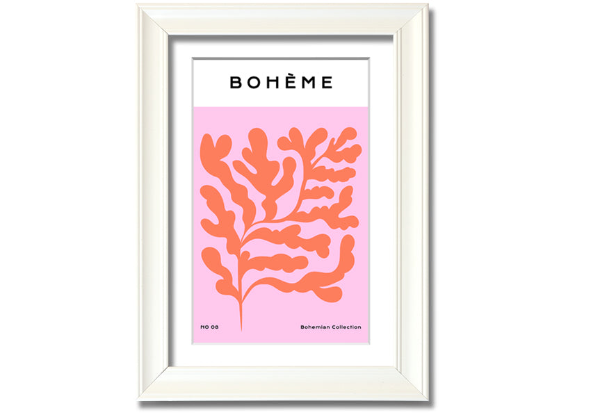 A vibrant framed print of orange bohemian leaves, showcasing intricate details and colors, ready to hang on a wall.