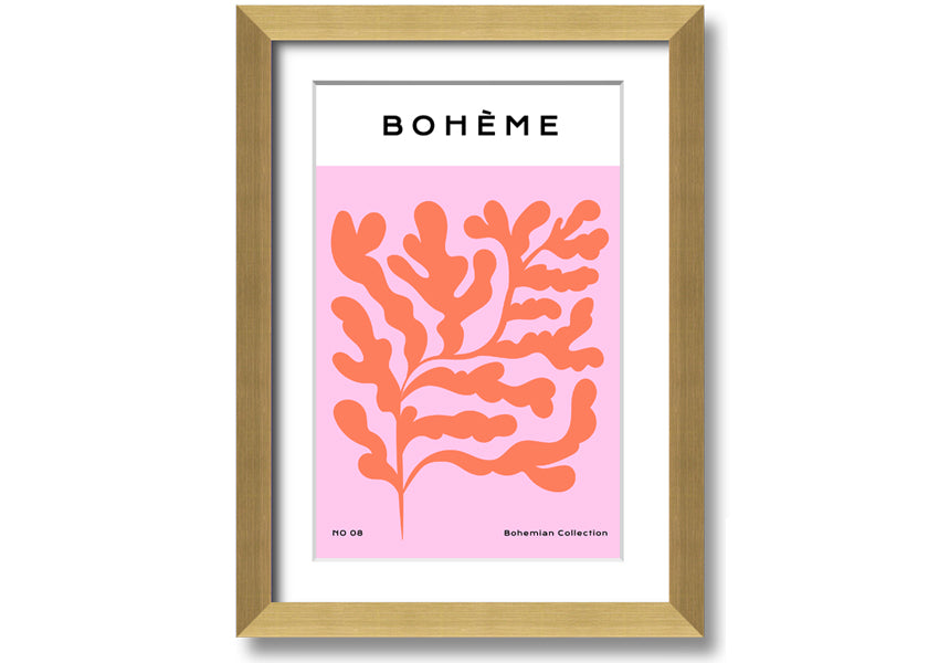 A vibrant framed print of orange bohemian leaves, showcasing intricate details and colors, ready to hang on a wall.