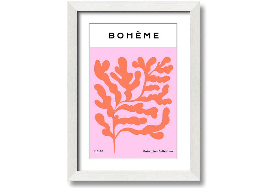 A vibrant framed print of orange bohemian leaves, showcasing intricate details and colors, ready to hang on a wall.