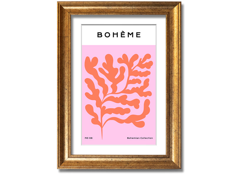 A vibrant framed print of orange bohemian leaves, showcasing intricate details and colors, ready to hang on a wall.