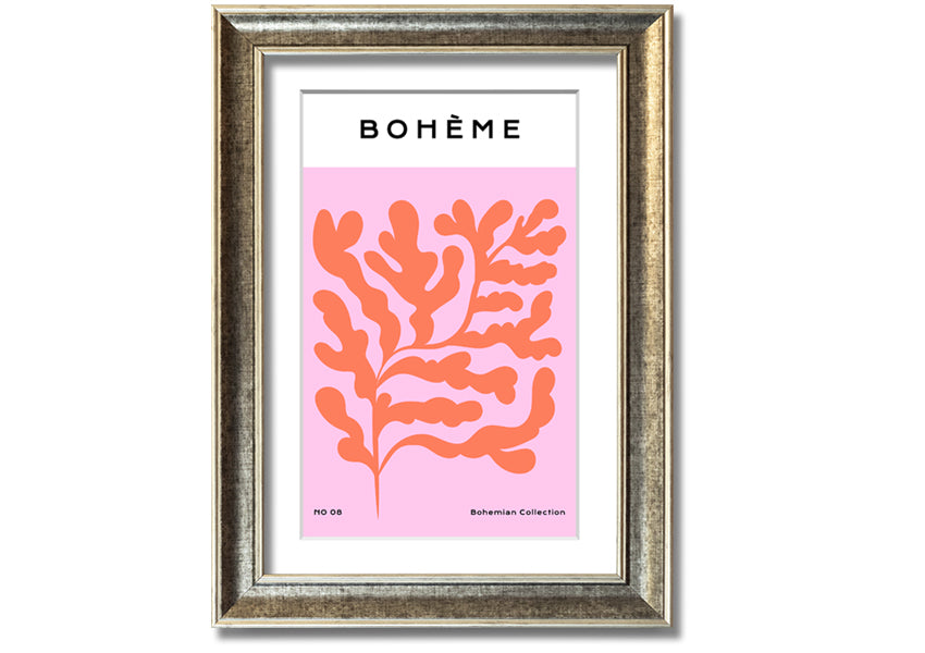 A vibrant framed print of orange bohemian leaves, showcasing intricate details and colors, ready to hang on a wall.