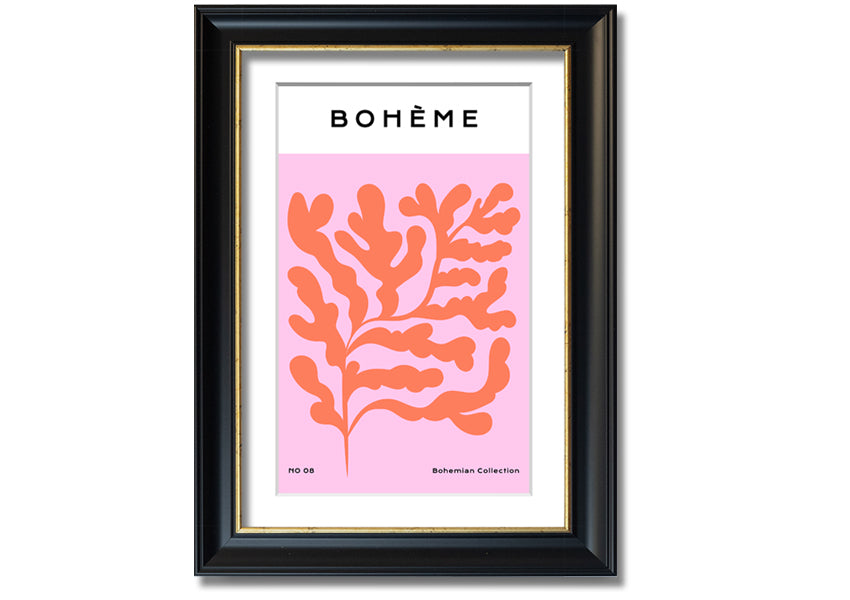 A vibrant framed print of orange bohemian leaves, showcasing intricate details and colors, ready to hang on a wall.