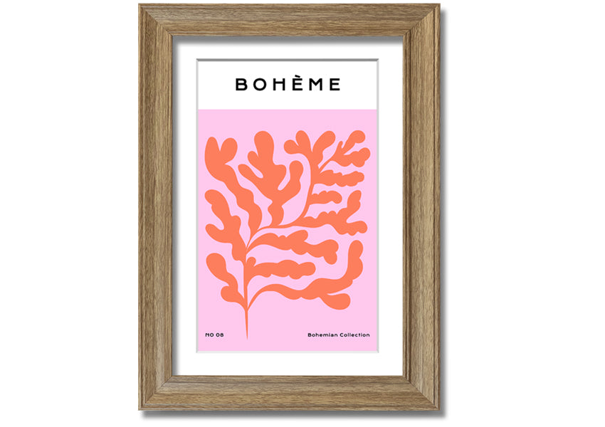 A vibrant framed print of orange bohemian leaves, showcasing intricate details and colors, ready to hang on a wall.