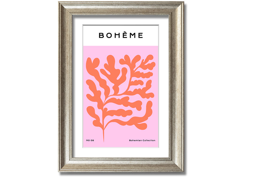 A vibrant framed print of orange bohemian leaves, showcasing intricate details and colors, ready to hang on a wall.