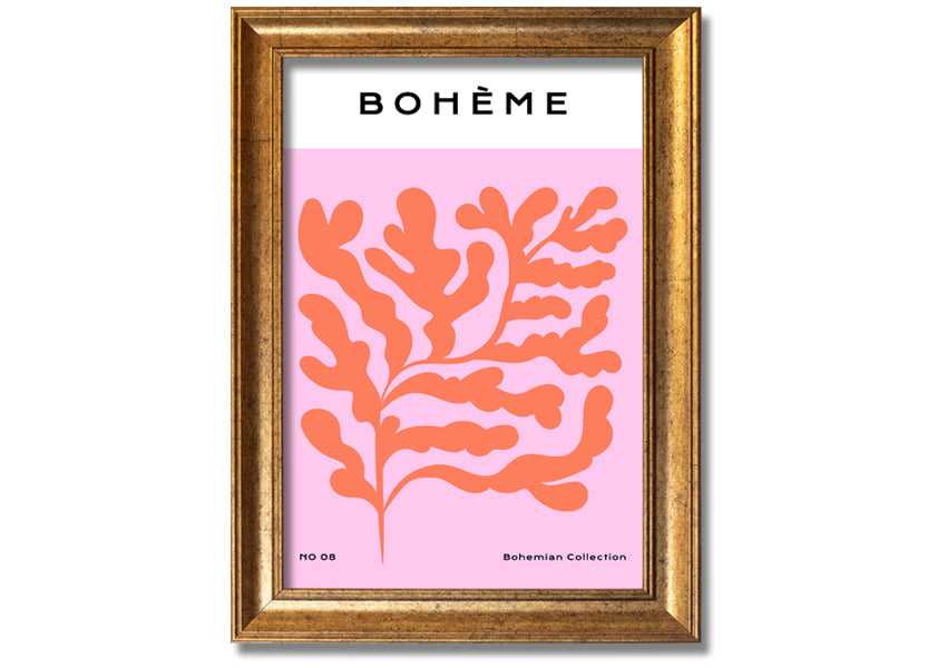 A vibrant framed print of orange bohemian leaves, showcasing intricate details and colors, ready to hang on a wall.