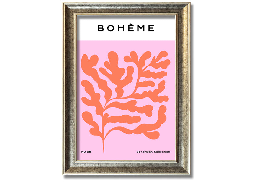 A vibrant framed print of orange bohemian leaves, showcasing intricate details and colors, ready to hang on a wall.