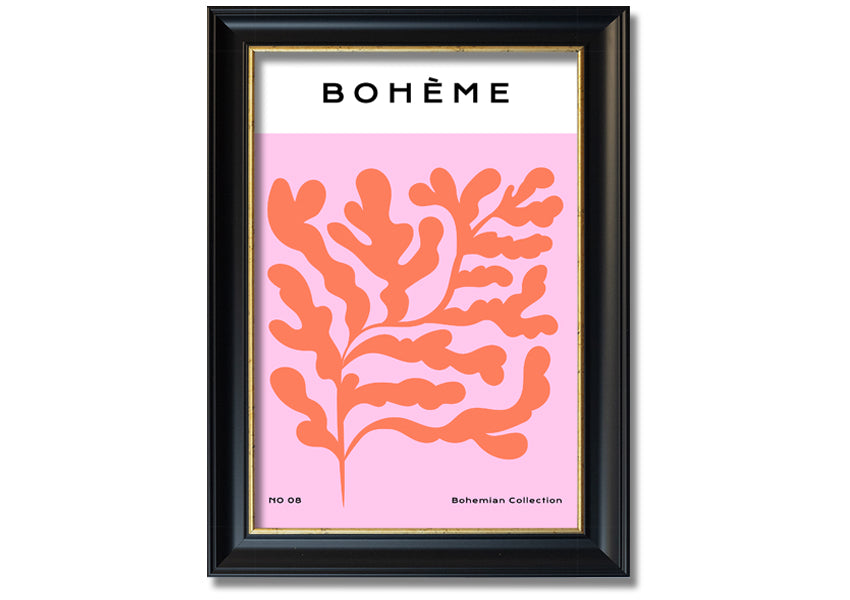 A vibrant framed print of orange bohemian leaves, showcasing intricate details and colors, ready to hang on a wall.