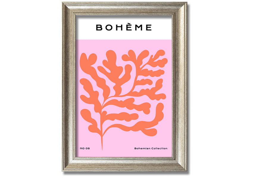 A vibrant framed print of orange bohemian leaves, showcasing intricate details and colors, ready to hang on a wall.