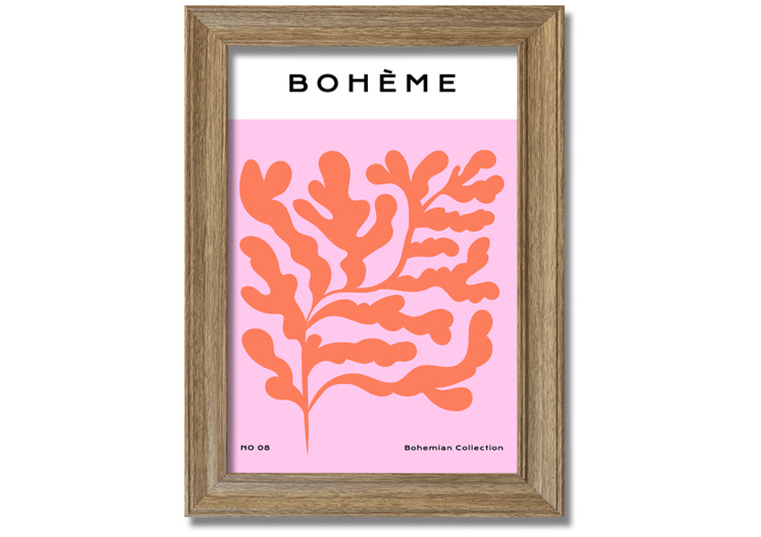 A vibrant framed print of orange bohemian leaves, showcasing intricate details and colors, ready to hang on a wall.