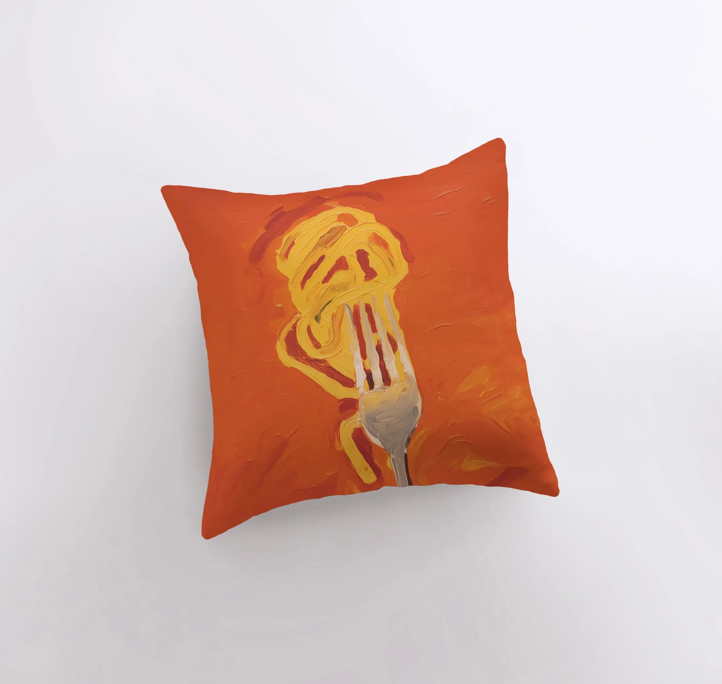 Orange Fork and Pasta decorative pillow featuring a vibrant design on the front and a white back, perfect for home decor.