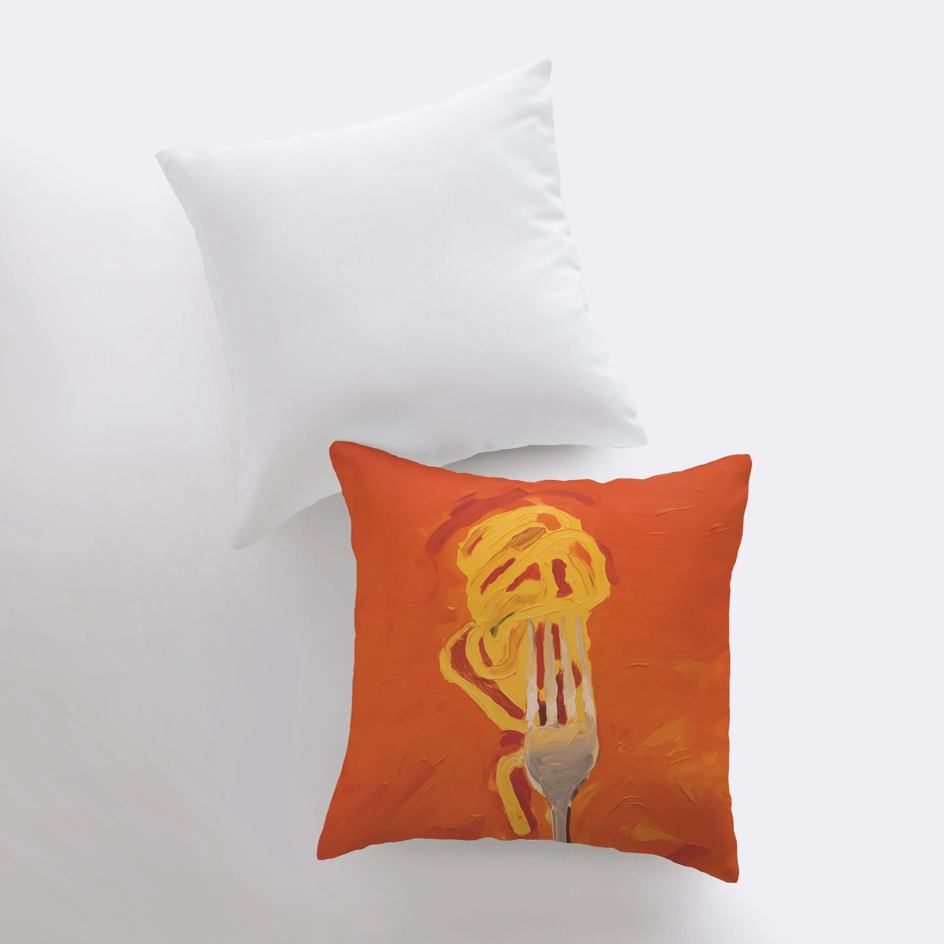 Orange Fork and Pasta decorative pillow featuring a vibrant design on the front and a white back, perfect for home decor.