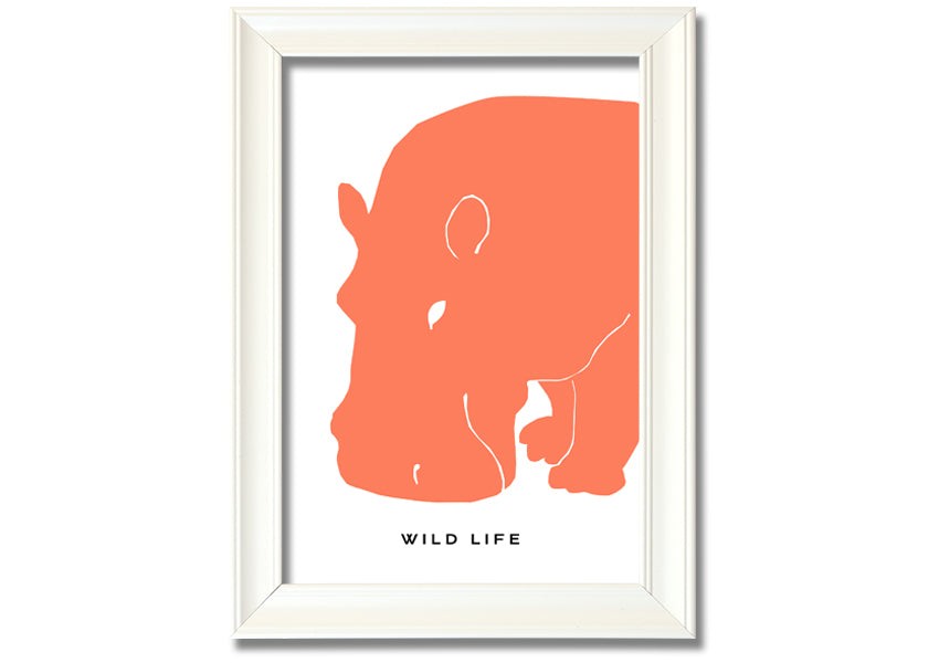 A vibrant orange hippo framed print, showcasing a playful design, ready to hang.